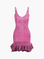 Open Knit Crochet Cami Mini Dress With Ruffle Hem