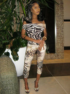 Leopard Print Two Piece Set For Women Slash Neck Backless Top And Hip Crop Pants
