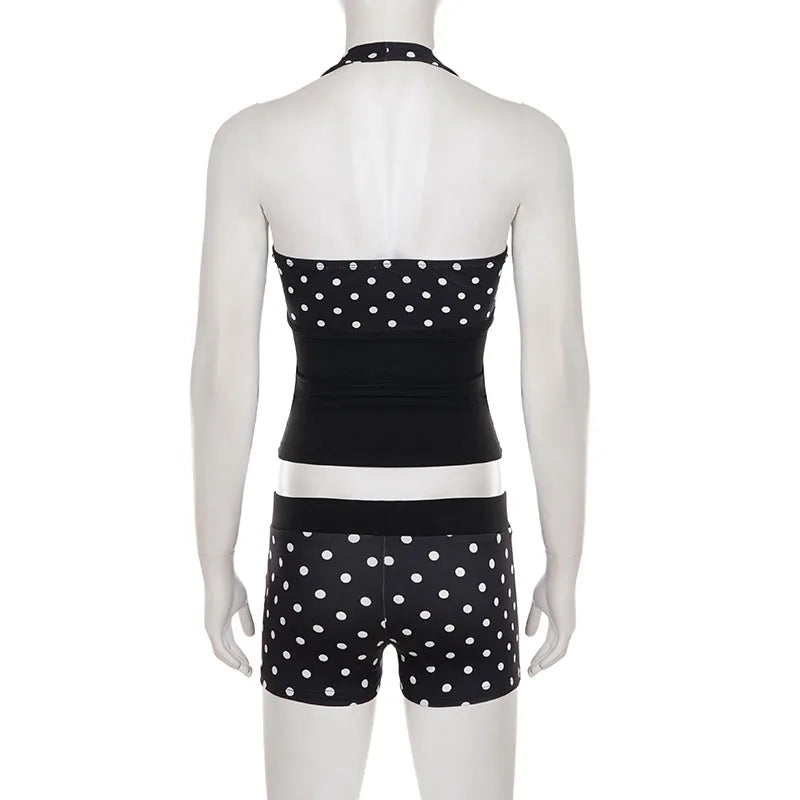 Cute Black Polka Dot Halter Two-piece Set Sexy Beachwear For Summer