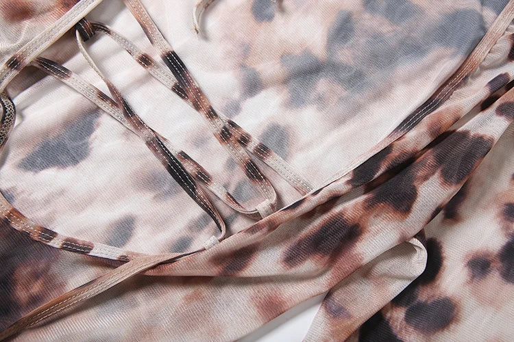 Leopard Print See Through Maxi Dress With O Neck Long Sleeves Backless Cross Bandage Detail