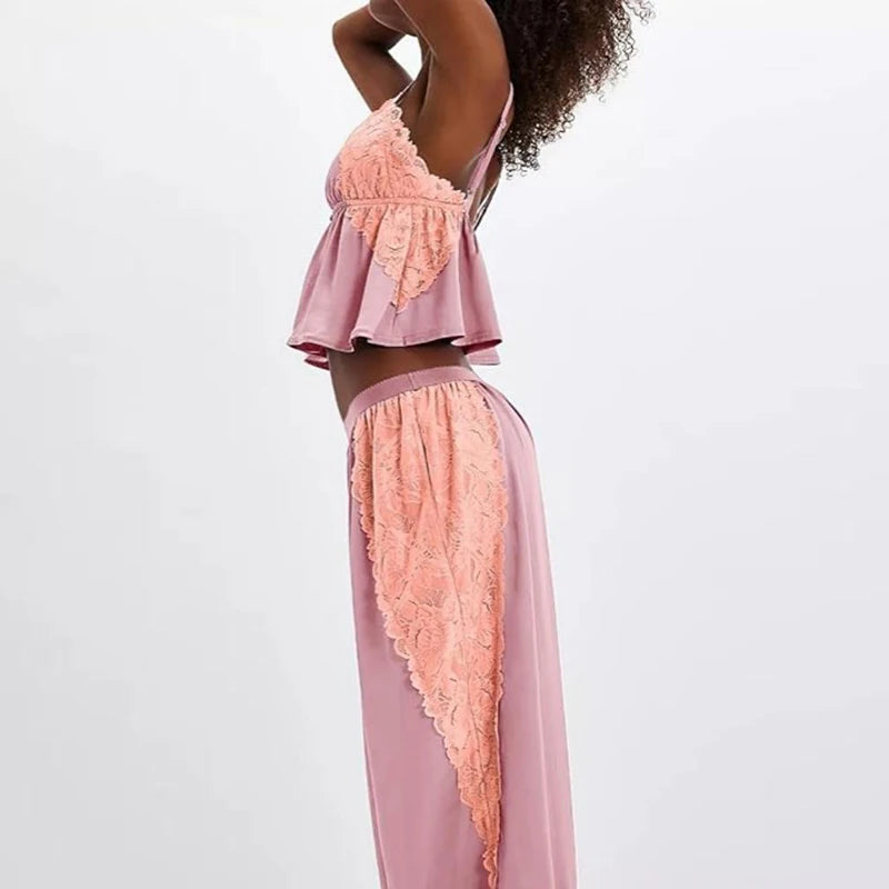 V-neck Sleeveless Top and Pants Outfit Lace Patchwork Women's Two Piece