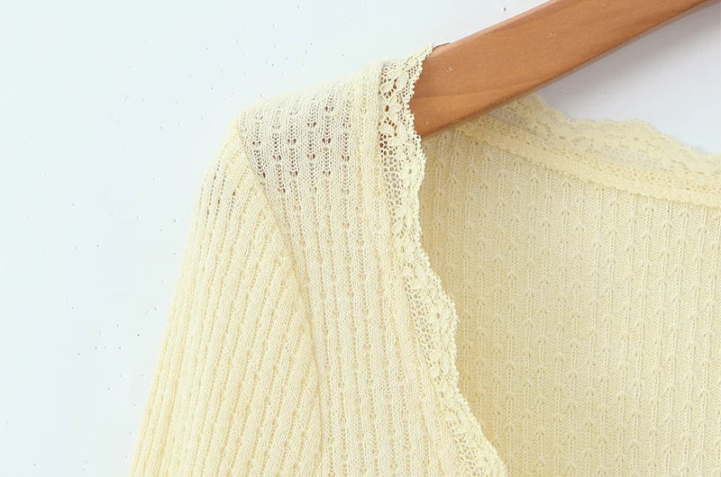 Women Fashion Sweet Lace Patchwork Knitted Cardigan Vintage O-Neck Long Sleeve Sweater