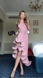 Sexy Knot Waist Lace Trim Midi Dress Sleeveless High Collar
