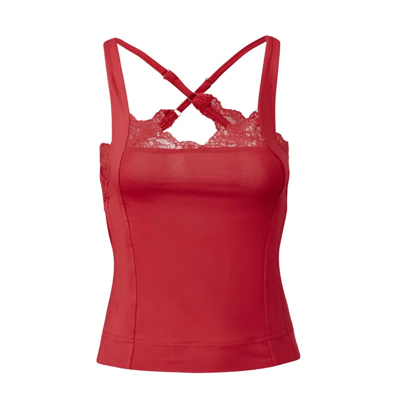 Vintage Y2K Lace Trim Halter Women Sleeveless Backless Camisole Slim Fit Crop Tank Top