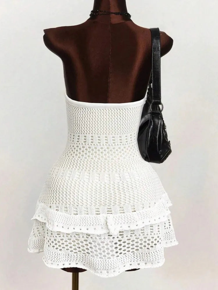 Sexy Women Knit Beach Dress Hollow Out Sleeveless Bikini Cover-Ups Mini Dress
