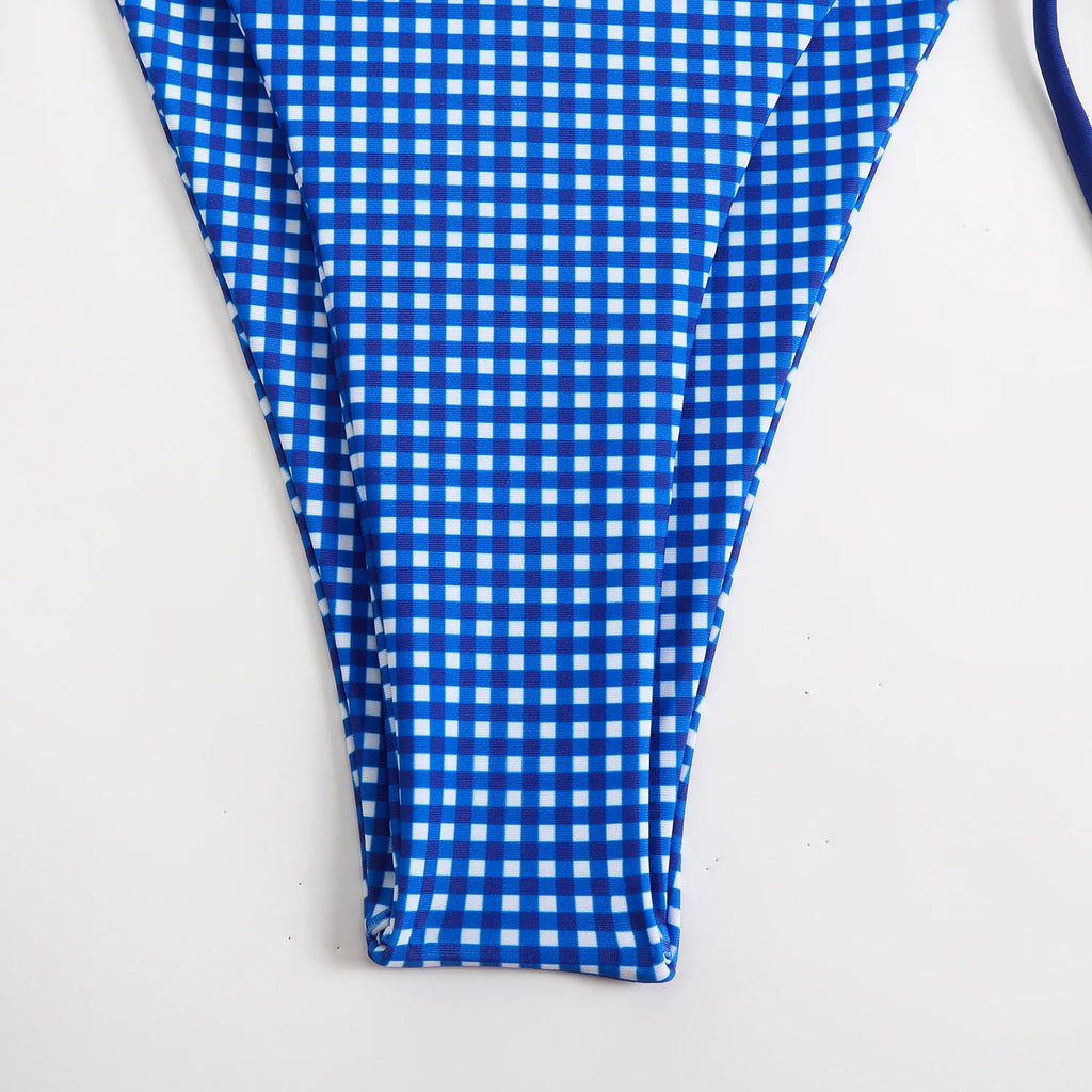 Plaid Dot Swimsuit With Neck Bow Tie Vintage Beachwear