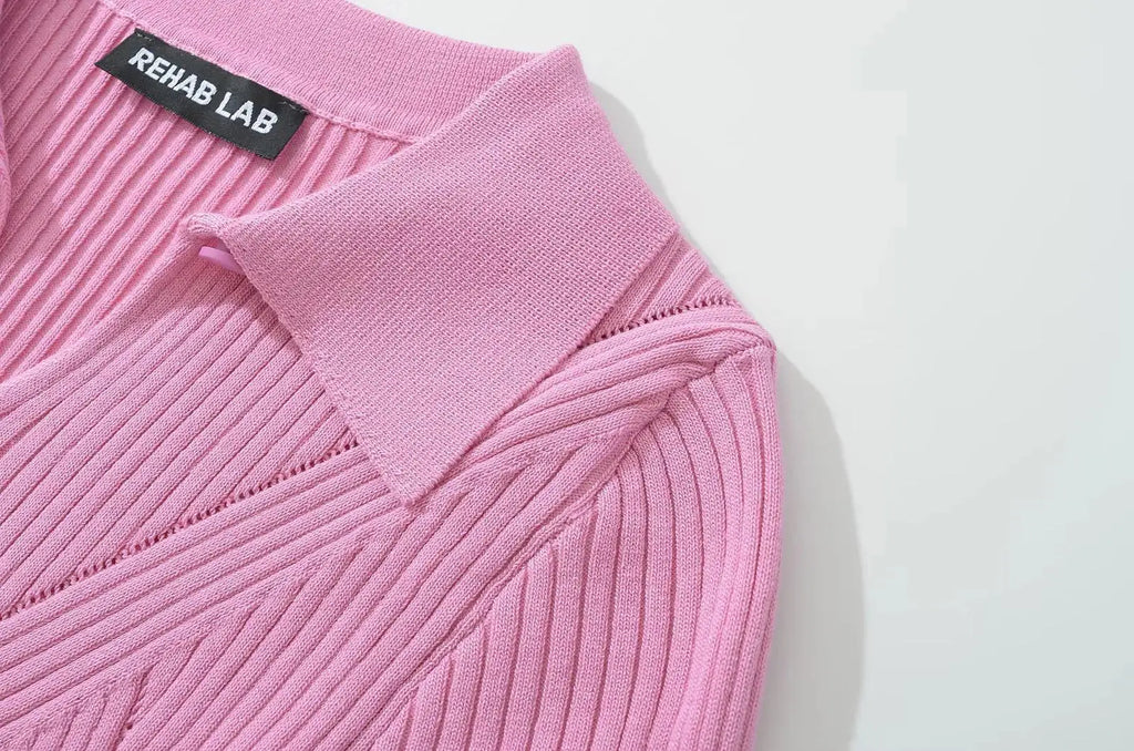 Knit Turn Down Collar Pullover For Women Slim Stretch Short Sleeve Top