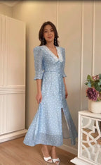 Printed Lace Patchwork Long Dress, Elegant Mid Sleeve V-Line Button Slit