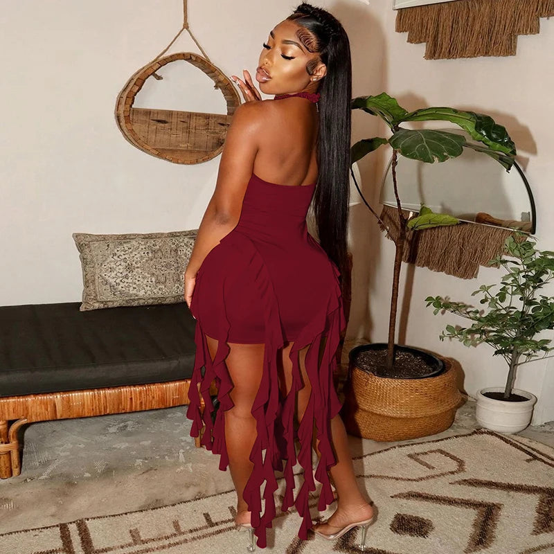 Elegant Halter Backless Ruffles Mini Dress Slim Fit With Tassel Detail
