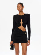 Hollow Out O Neck Long Sleeves Sheath Dress With Hip Wrap Mini