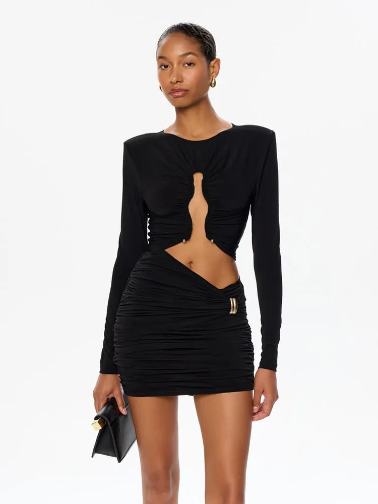Hollow Out O Neck Long Sleeves Sheath Dress With Hip Wrap Mini