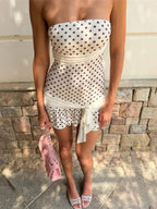 White Polka Dot Strapless Backless Tassel Bodycon Mini Dress