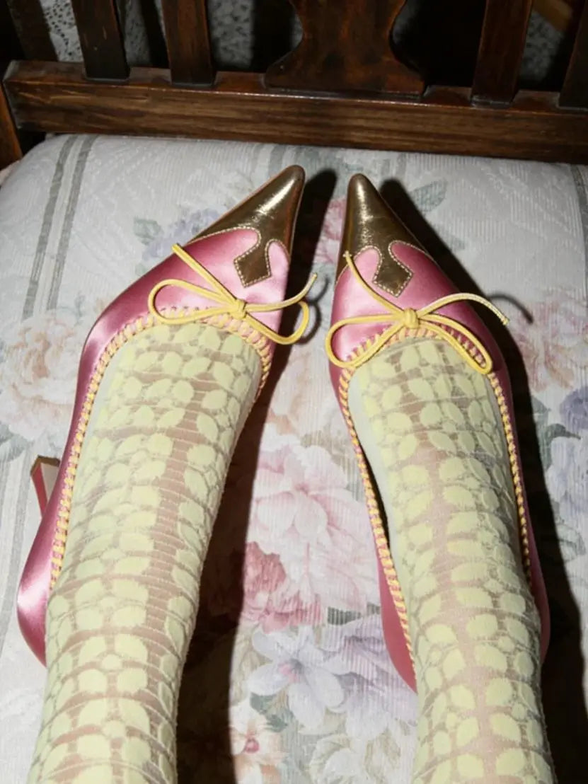 Retro Pink Satin Pointed Toe Pumps With Gold Toe Cap And Yellow Bow Accent Playful Low Heel