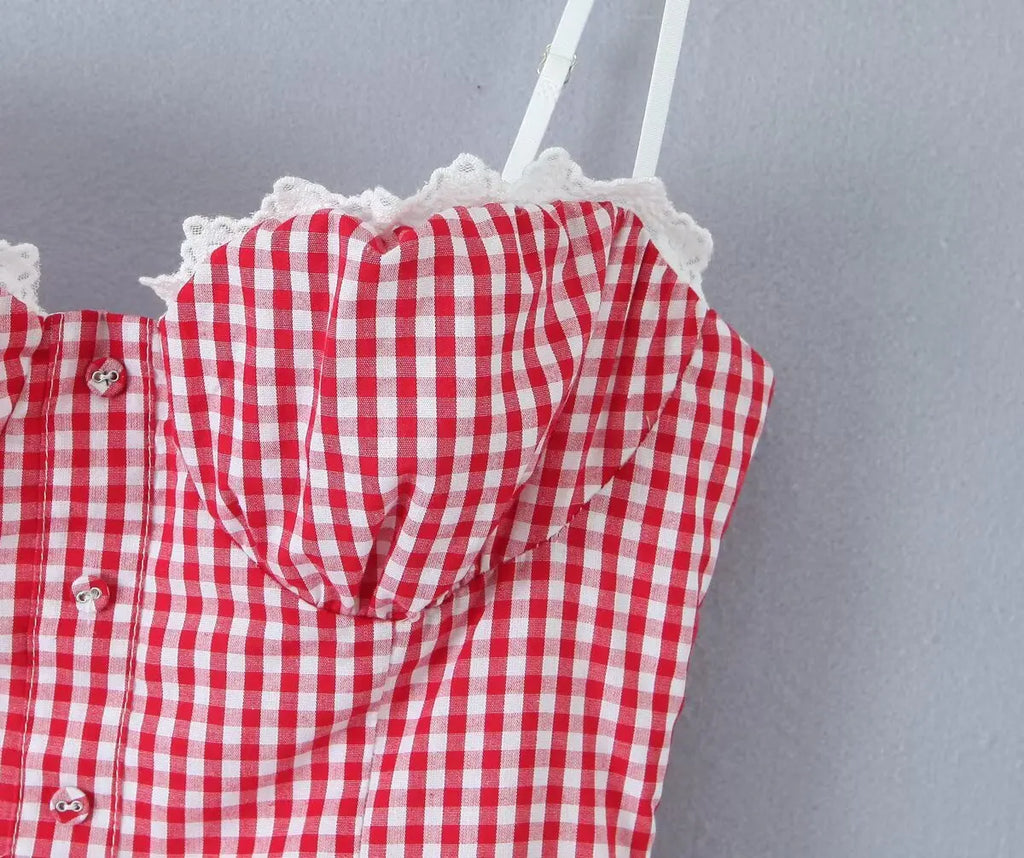 Sexy Women Plaid Spliced Sling Mini Summer Dress Lacing Up Bandage Back A-line Cotton Dress