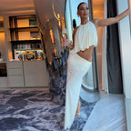 White Halter Ruched Two Piece Maxi Set Backless Asymmetric High Low Skirt