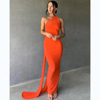One Shoulder Backless Ruched Dress