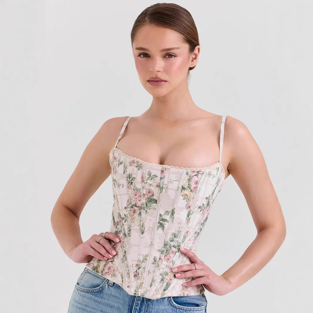 Romantic Floral Corset Top With Lace Trim And Adjustable Straps