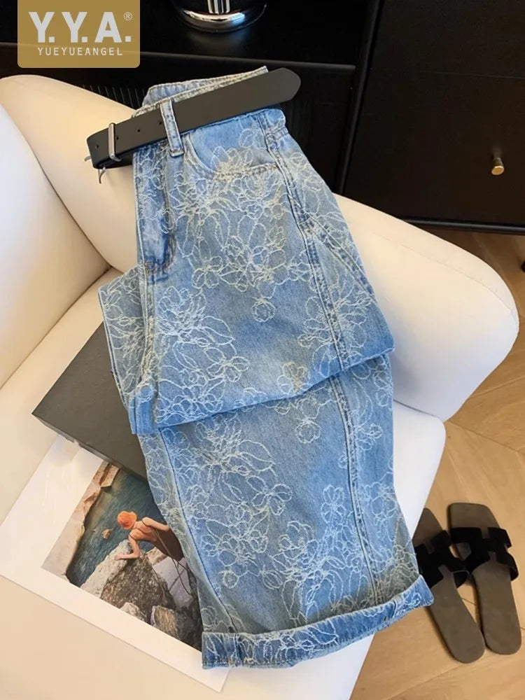 Embroidered Denim Wide Leg Jeans With Loose Fit