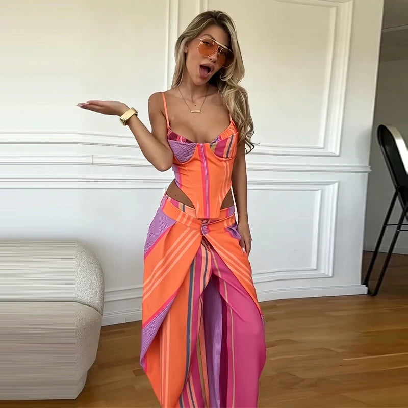 Chic Strips Pants Women Set Patchwork Slash Neck Bandage Top Pleated Asymmetry Trousers