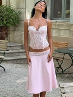 Delicate Lace Corset Cami And Midi Skirt Set Slim Fit Sleeveless Romantic Outfit