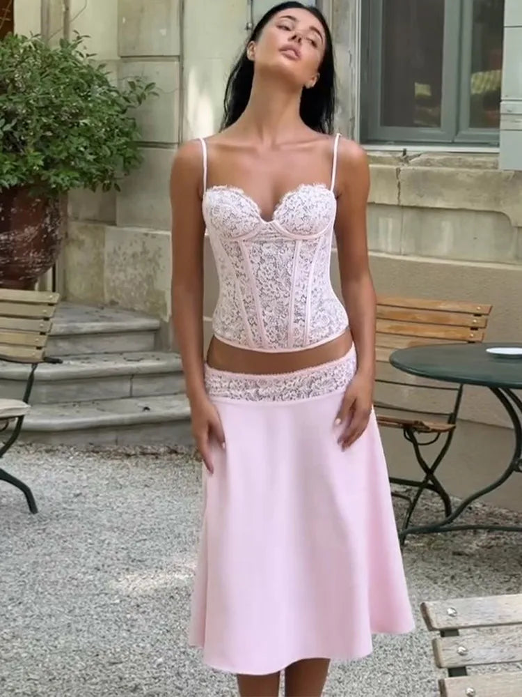 Delicate Lace Corset Cami And Midi Skirt Set Slim Fit Sleeveless Romantic Outfit