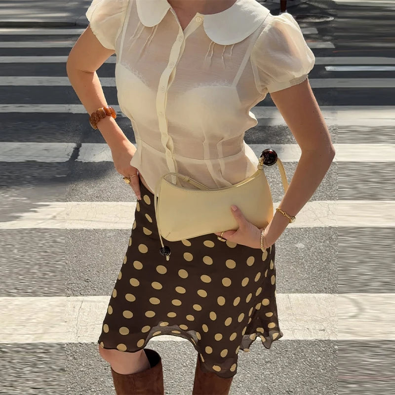 Polka Dot Satin Mesh Midi Skirt With High Waist A Line