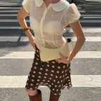Polka Dot Satin Mesh Midi Skirt With High Waist A Line