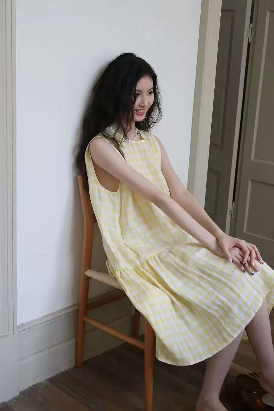 Sunny Plaid Cotton Dress Sleeveless Round Neck Vacation Dress