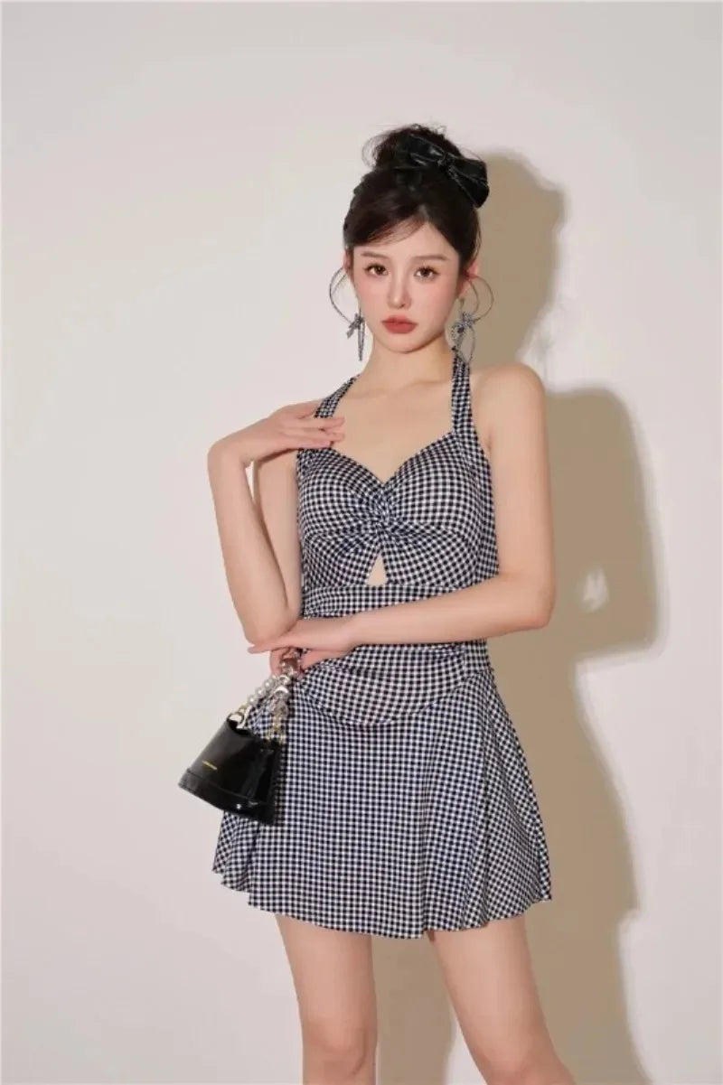 Plaid Backless Swim Dress With Halter Neck