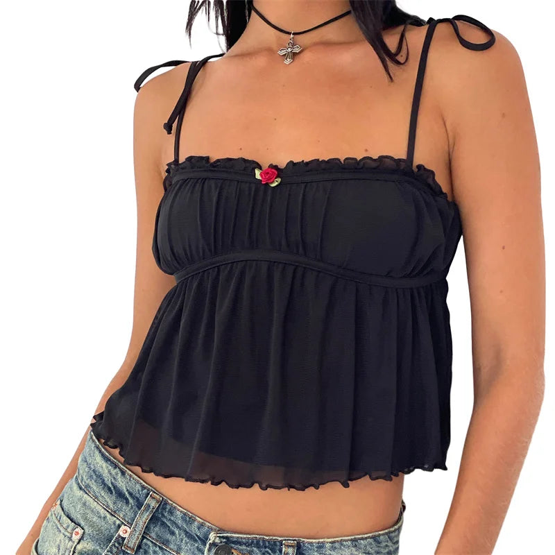 Floral Bow Detail Spaghetti Strap Cami Sleeveless Top