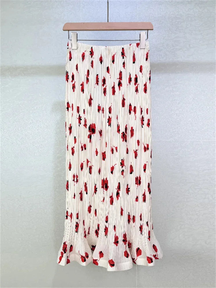 Pleated Red Print High Waist Midi Skirt And Sleeveless