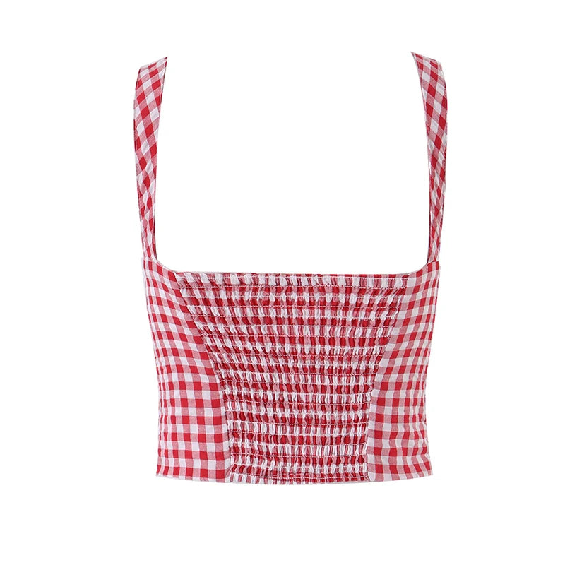 Red Plaid Corset Camis Lace Trim Bow Detail Bustier Sexy Top