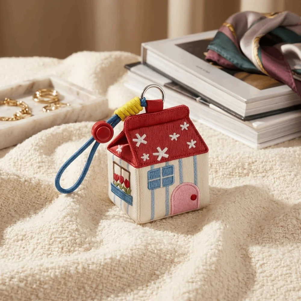 Kawaii Large Capacity Cartoon House Earphone Bag And Embroidery Storage Coin Purse In Red Polyester