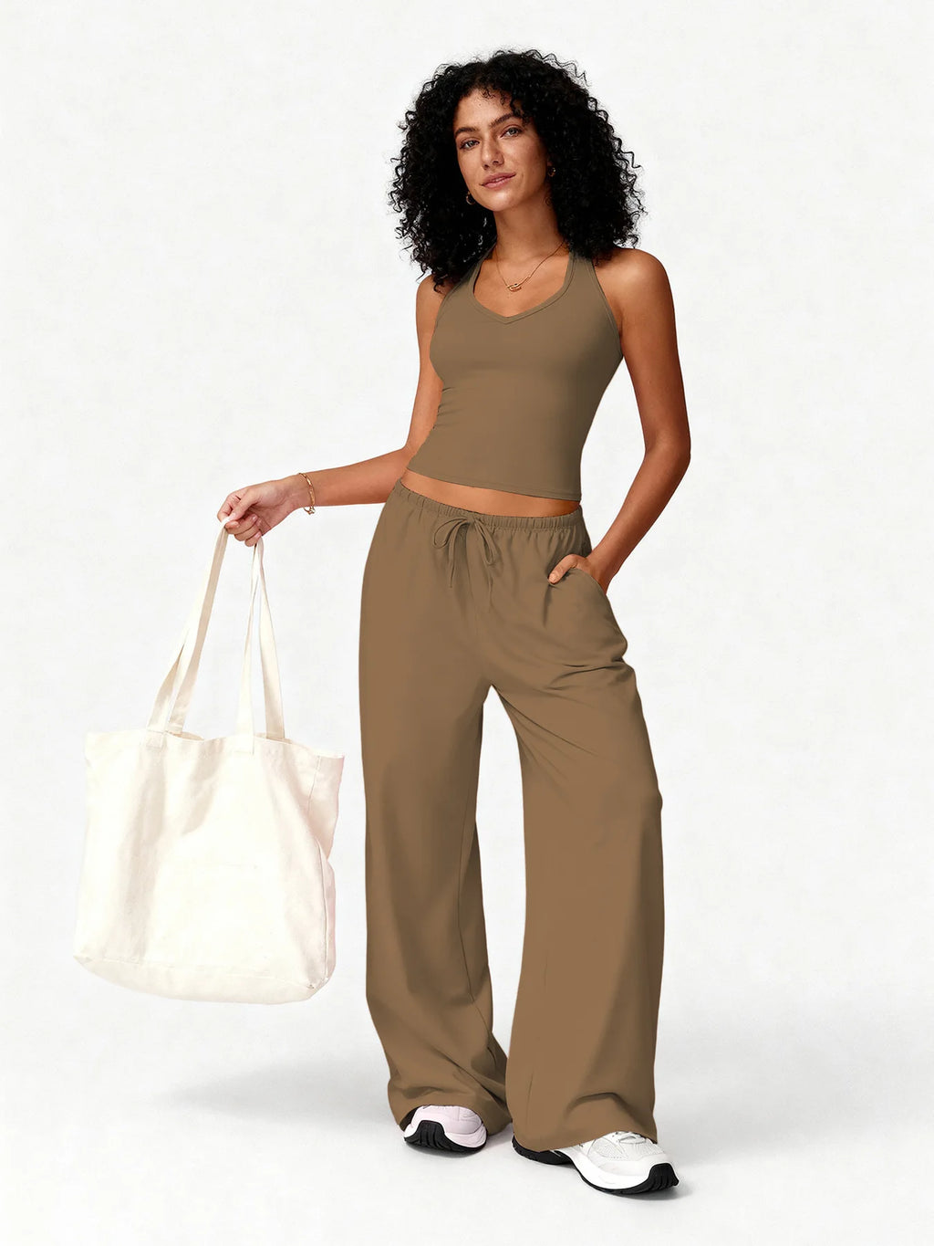 Two Piece Set With Sleek V Neck Tank Backless Detail And Wide Leg Pants