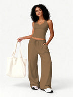 Two Piece Set With Sleek V Neck Tank Backless Detail And Wide Leg Pants