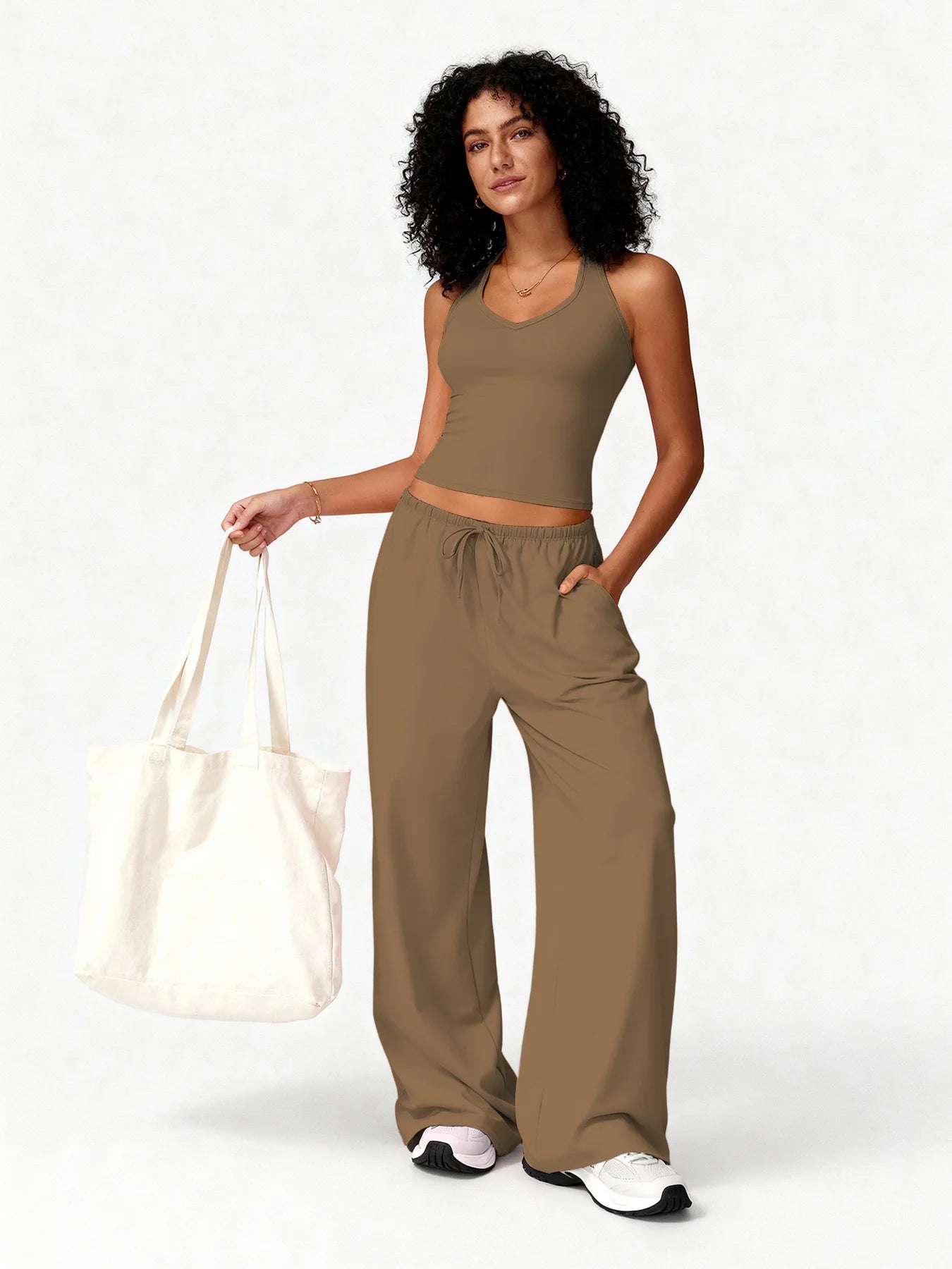Two Piece Set With Sleek V Neck Tank Backless Detail And Wide Leg Pants