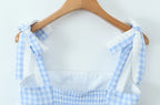 Women New Fashion Sweet Plaid Chic Lace Patchwork French Square Collar Backless Top