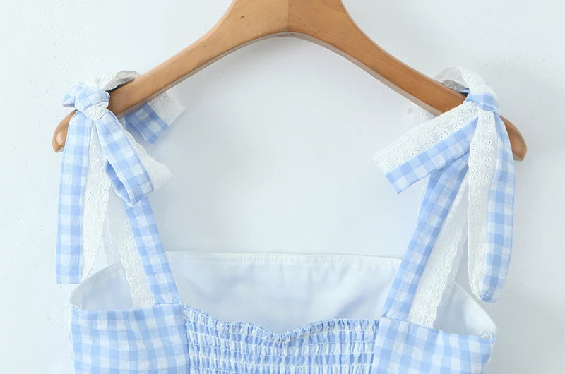Women New Fashion Sweet Plaid Chic Lace Patchwork French Square Collar Backless Top