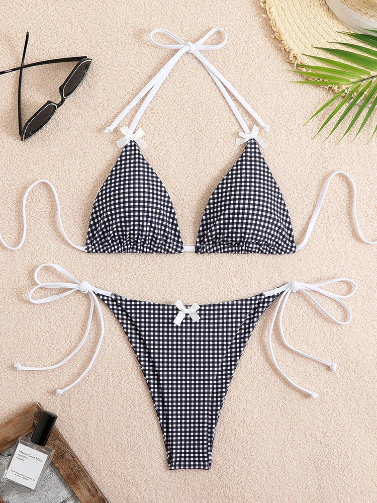 Plaid Dot Swimsuit With Neck Bow Tie Vintage Beachwear