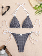Plaid Dot Swimsuit With Neck Bow Tie Vintage Beachwear