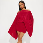 Sexy Slash Neck Two Piece Set With Flare Sleeve Top And Peach Skirt