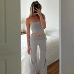 Strapless Crop Top And High Waist Ruched Flare Pants Set