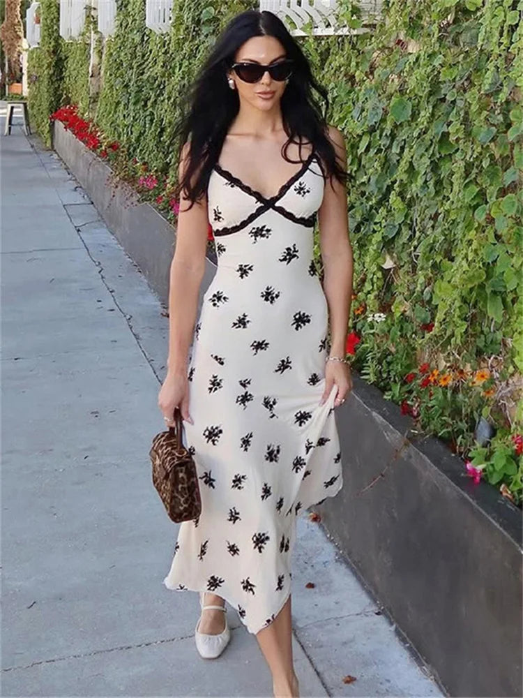 Patchwork Lace Midi Dress With Halter Neck And Backless Silhouette