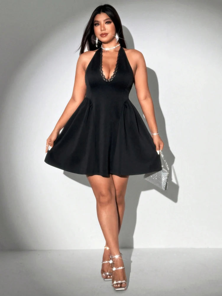 Plus Size Lace Trim V Neck Sleeveless Puff Evening Dress