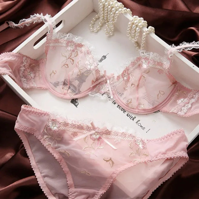 Lace Set With Embroidered Details Two-piece Sheer Push Up Bra And Matching Briefs