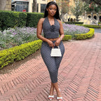 Polka Dot Print Halter Neck Crop Top And Floral Accent Two Piece Set