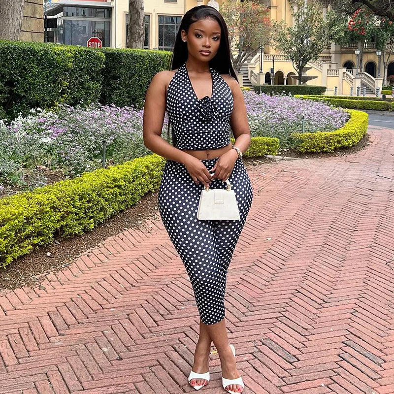 Polka Dot Print Halter Neck Crop Top And Floral Accent Two Piece Set