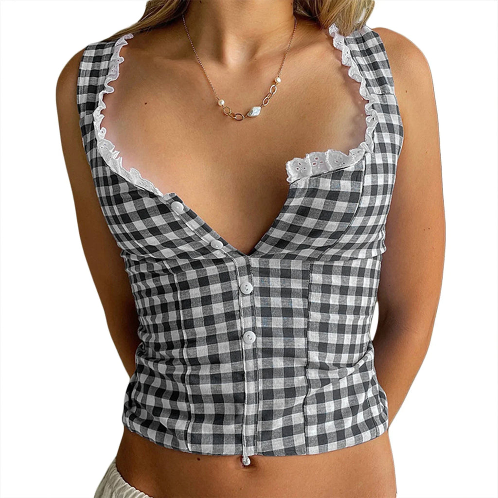 Retro Plaid Tank Top With Lace Trim Sleeveless Cropped Button Down Backless
