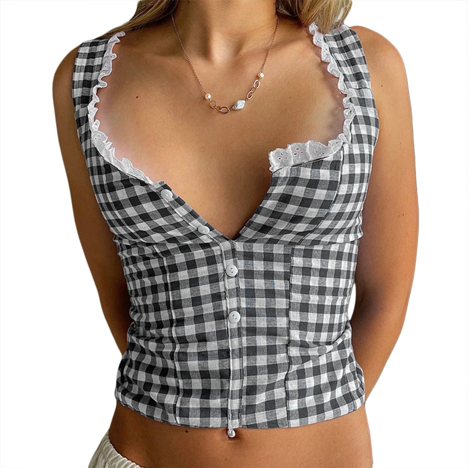 Retro Plaid Tank Top With Lace Trim Sleeveless Cropped Button Down Backless