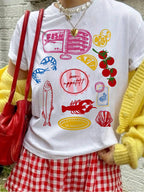 Cotton Tee With Seafood Fruit Pattern Loose Fit Graphic Top Vintage Inspired